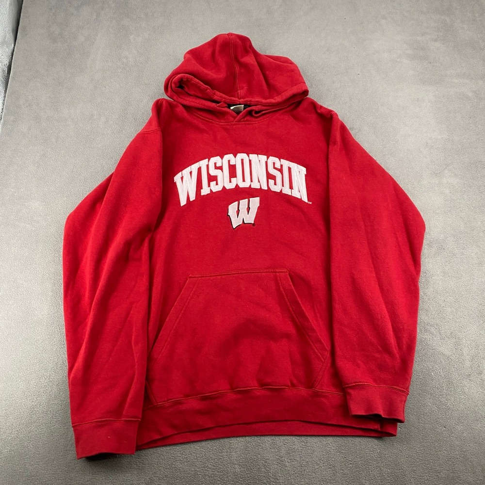 Genuine Stuff Wisconsin Badgers Hoodie Red Y2K Pullover Sweatshirt Mens Large